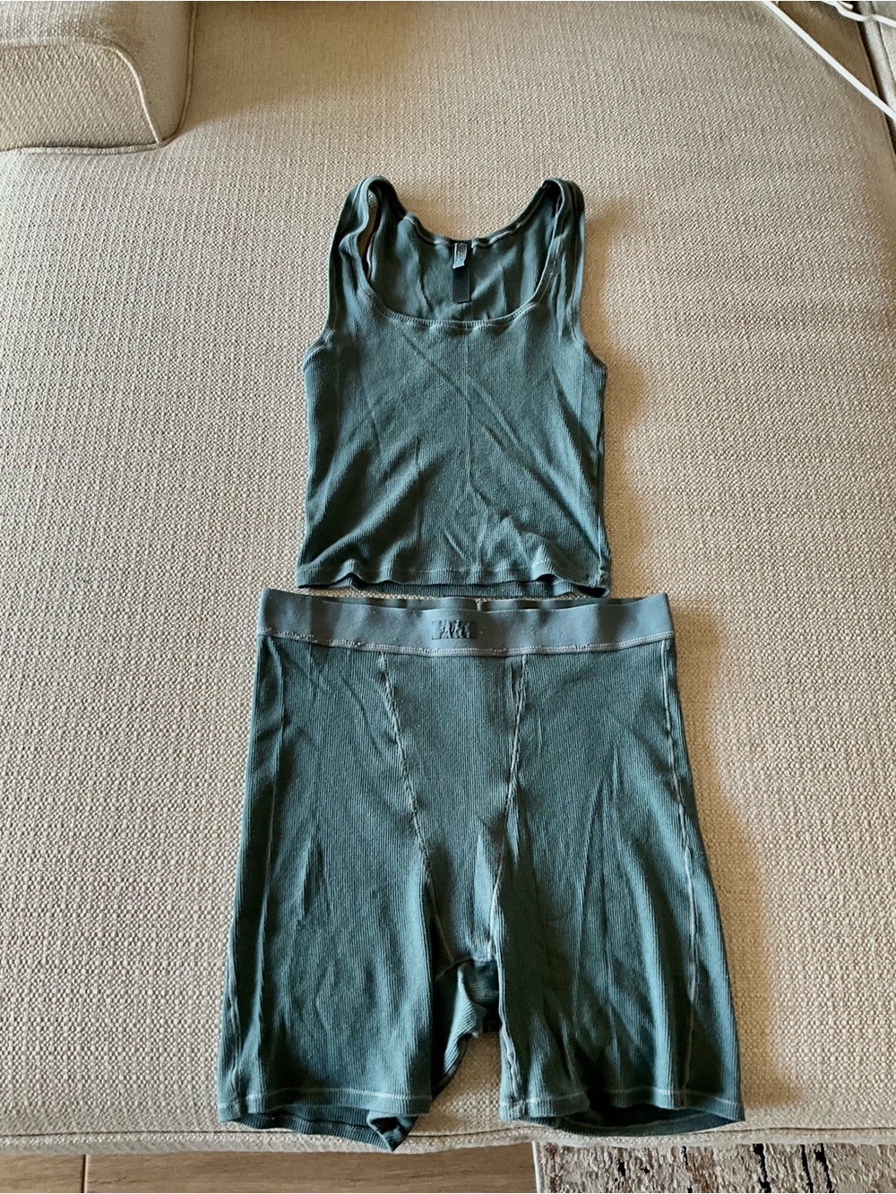 SKIMS Ribbed Scoop Tank & High-Waist Boxer Short Set — Dark Green
